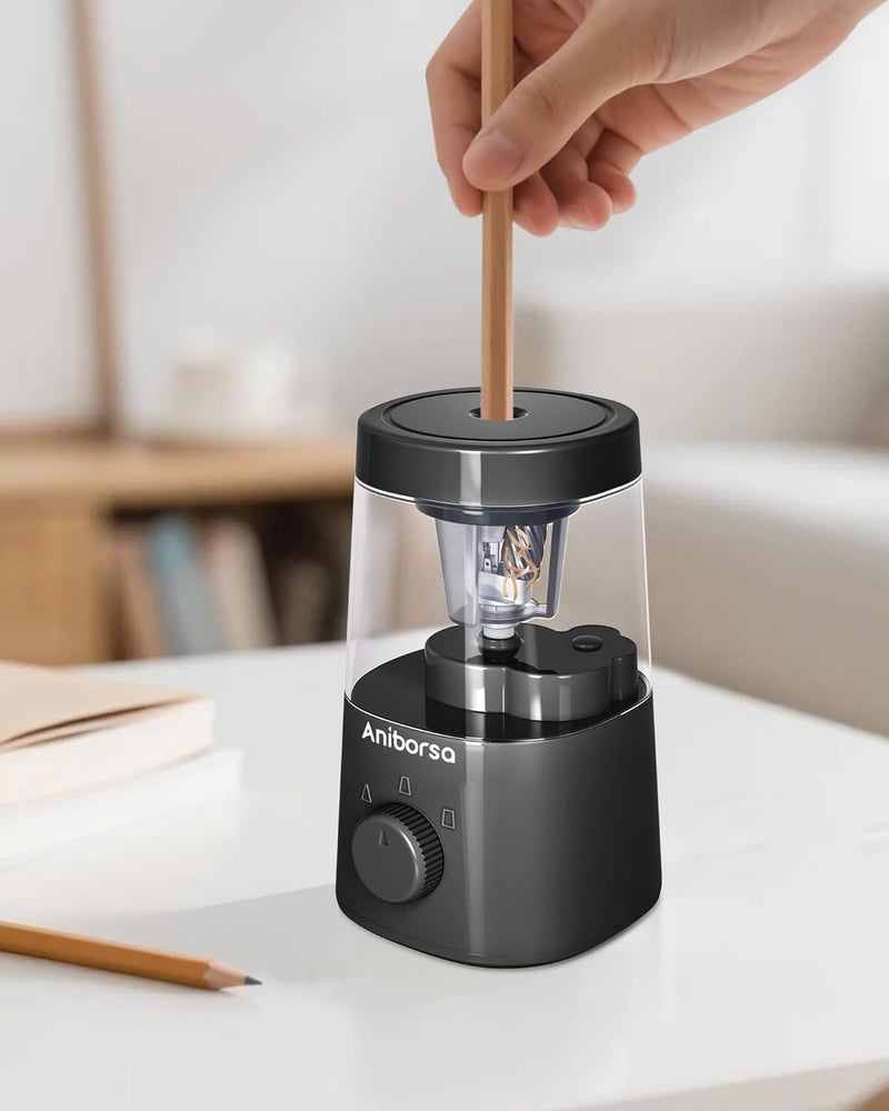 Aniborsa Electric Pencil Sharpener, Helical Blade Automatic Pencil Sharpener, Battery/USB Cord Operated Adjustable Sharpness for 6-8 mm Pencil, Classroom, School, Office, Home, Black - Image 2